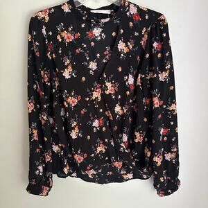 Lush womens’s size small, black, floral, surplice blouse EUC